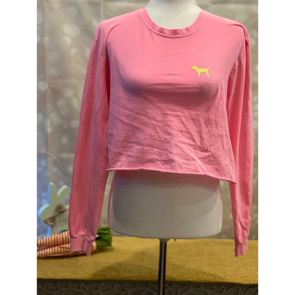 Victorias Secret PINK S Neon Pink Crop Long Sleeve with Back Logo‎ - Picture 1 of 6